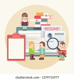 Flat Design Hiring, Job Interview and Recruitment Concept - Funny People near Big Laptop. Hiring New Employee. Vector Illustration. Job Interview Concept. Application and CV. Retro Design.