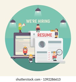 Flat Design Hiring, Job Interview and Recruitment Concept - Young Cartoon Men and Women near Big Laptop. Read and Fill out Resume. Vector Illustration.