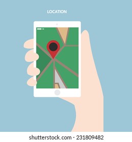Flat design, holding smartphone with mobile gps navigation, vector