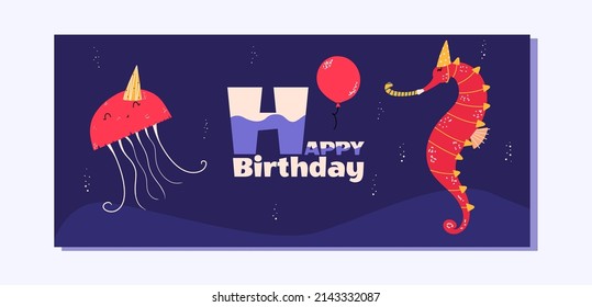 Flat design holiday banner with jellyfish and seahorse. Vector illustration