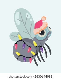 Ilustración plana del Festiva del diseño con un insecto de la mosca y usando una luz, sombrero de Santa