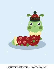  Flat Design Holiday Illustration with Green Worm and Wearing Hat, Sweater