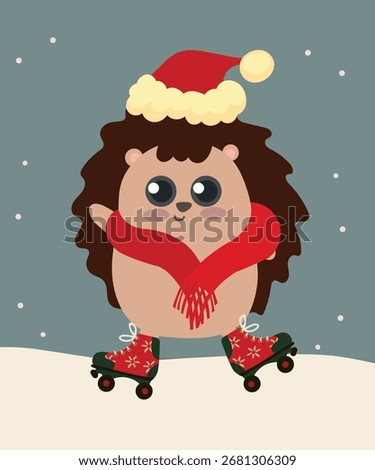  Flat Design Holiday Illustration with Hedgehog Wearing Santa Hat, Scarf, Roller Skates