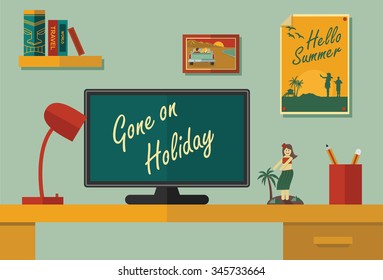 Flat design, Home office with concept of summer holiday