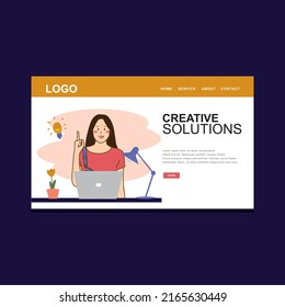 flat design home page with happy woman get a great idea