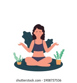 Flat design home yoga concept vector illustration. home quarantine training,relief stress,stay at home, social distancing.