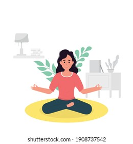 Flat design home yoga concept vector illustration. home quarantine training,relief stress,stay at home, social distancing.