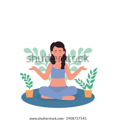 Flat design home yoga concept vector illustration. home quarantine training,relief stress,stay at home, social distancing.