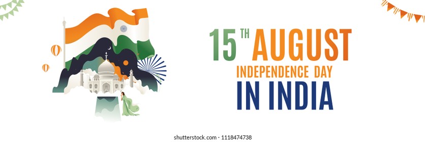 Flat design horizontal banner vector independence Day  India  flag symbol and colors. Indian national holiday festive poster, banner or greeting card agra taj mahal Seven wonders of the world