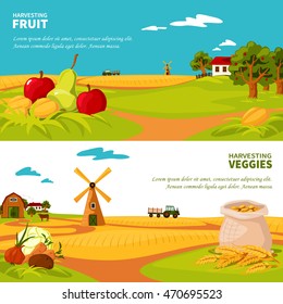 Flat design horizontal banners set with beautiful farm landscapes veggies and fruit harvest isolated vector illustration