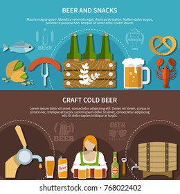 Flat design horizontal banners set with cold lager beer and various snacks isolated vector illustration