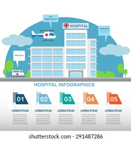 Flat Design Hospital Building With Infographic Elements Templates. Ambulance Car And Air. Vector Illustration.