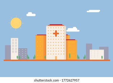 Flat Design Hospital within city urban environment with trees, sun, clouds and sky.
