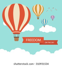 Flat design, Hot air balloon in the sky with cloud background