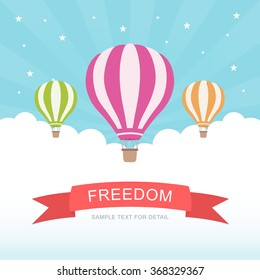 Flat design, Hot air balloon in the sky with cloud background.