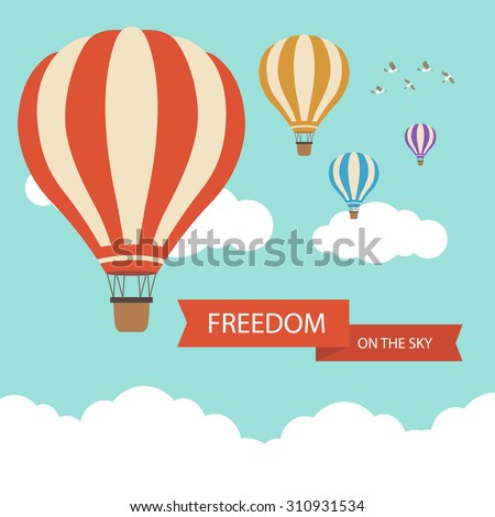 Flat design, Hot air balloon in the sky with cloud background
