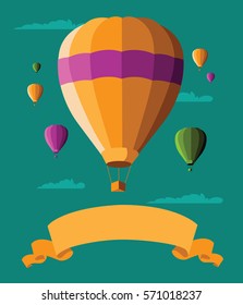 Flat design hot air balloons floating in the sky  with fluffy clouds and ribbon background. Poster or marketing design with festive balloons and copy space. Colorful fairground drawing. EPS 10 vector.