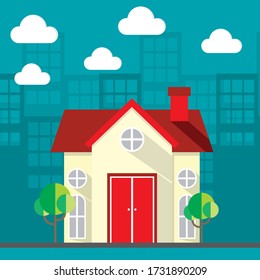 flat design of house building turquoise green background