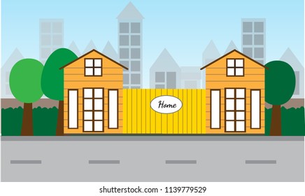 flat design of house and city landscape.