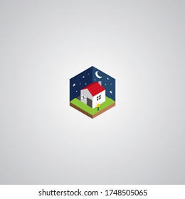 Flat design of a house during the night