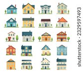 Flat design house front icon set, showcasing a wide range of cottage styles and residential houses suitable for various living and accommodation needs.