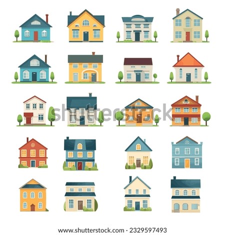 Flat design house front icon set, showcasing a wide range of cottage styles and residential houses suitable for various living and accommodation needs.