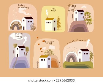 Diseño plano del conjunto de iconos de la casa con un paisaje simple en la ilustración del vector de fondo.