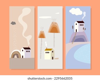 Diseño plano del conjunto de iconos de la casa con un paisaje simple en la ilustración del vector de fondo.