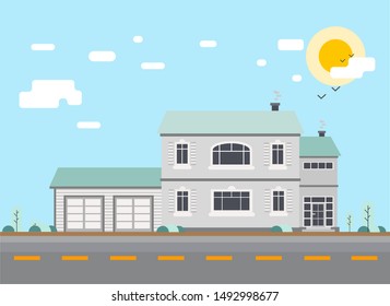 Flat design. House illustration. Gray-green house. Vector