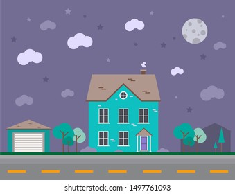 Flat design. House illustration. Turquoise, green, house. Night city . Vector