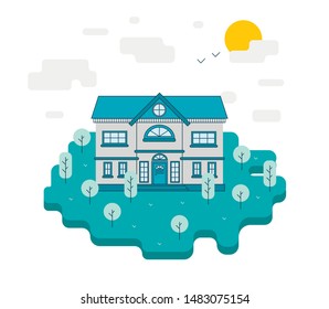 Flat design. House illustration. Vector. The house with a turquoise roof.
