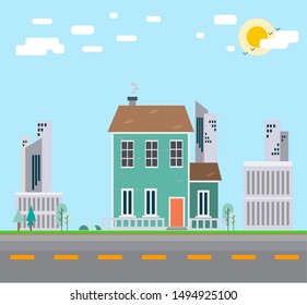Flat design. House illustration.Green house . Vector.