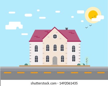 Flat design. House illustration.House with pink roof. Vector.