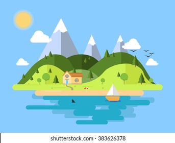 Flat design house nature and beach