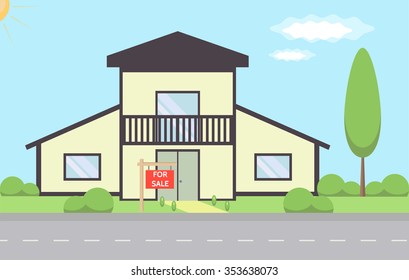 Flat design house. With a red sign for sale. Real Estate Sale. Trees, shrubs, footpath to the house. Part of the street. Background. 