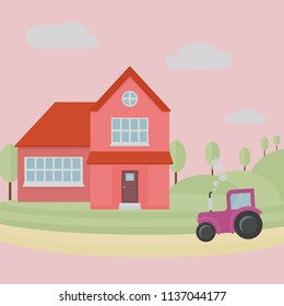 Flat design house and tractor on village with hills on background