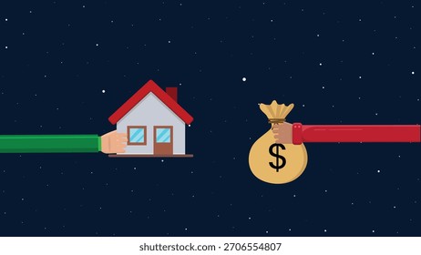 Ilustración plana de la transacción de la casa del diseño con la mano que sostiene el tejado rojo Casa y la mano que ofrece el bolso del dinero en fondo de la noche para la comercialización de bienes raíces y el Anuncio financiero