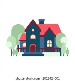 Ilustración vectorial de la casa de diseño plano. Edificio colorido, en venta, alquiler, agente inmobiliario.