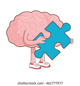 flat design human brain holding puzzle piece icon vector illustration