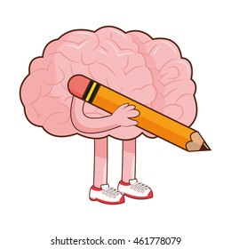 flat design human brain holding pencil icon vector illustration