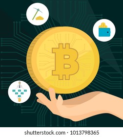 Flat design with human hand and golden bitcoins. Editable vector illustration