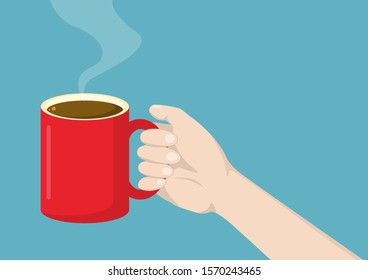 Flat design of human hand holding a red cup of hot coffee ,espresso,cappuccino, Caffè Americano