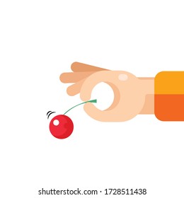 Flat design human hand holding a sweet cherry berry. vector illustration, isolated on white background