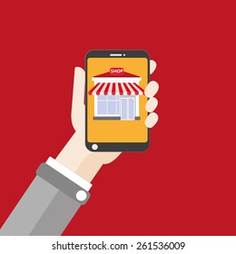 Flat design with human hand, smartphone and online shop. Eps 10 vector file.
