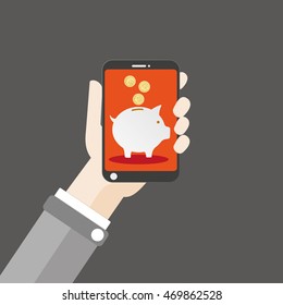 Flat design with human hand, a smartphone and piggy bank. Eps 10 vector file.