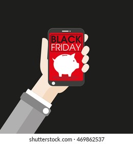 Flat design with human hand, a smartphone and piggy bank. Eps 10 vector file.