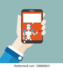 Flat design with human hand, a smartphone and a robot with speech bubble. Eps 10 vector file.