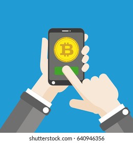 Flat design with human hand, smartphone and golden bitcoin. Eps 10 vector file.