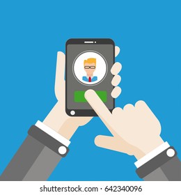 Flat design with human hand, smartphone and businessman. Eps 10 vector file.