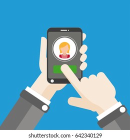 Flat design with human hand, smartphone and businesswoman. Eps 10 vector file.